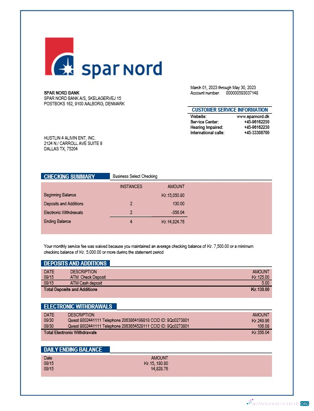 Download Spar Nord Bank company checking account statement Word and PDF template Photoshop template